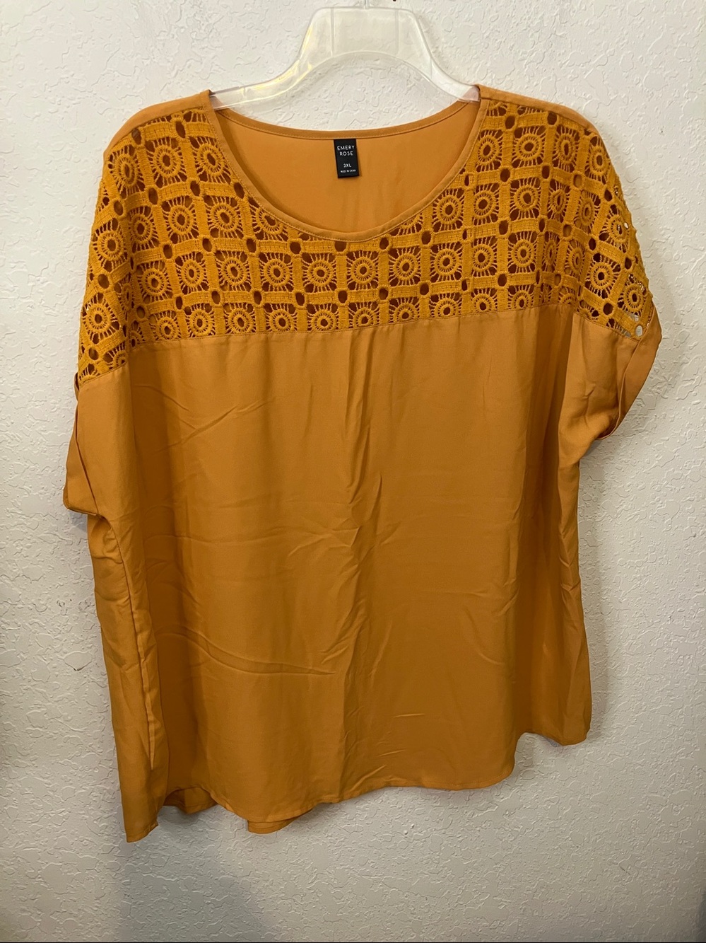 Emery Rose Mustard Crochet Yoke Short Sleeve Top